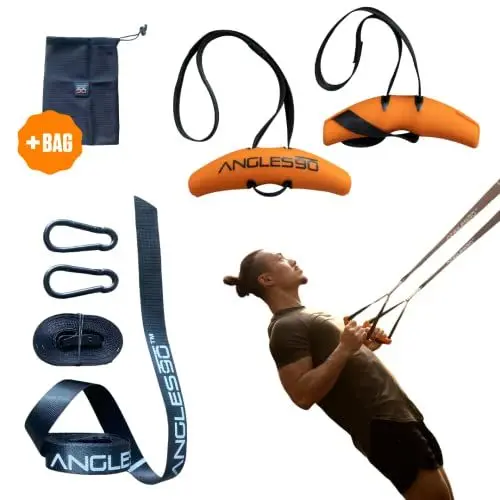 Produktbild: A90 Sling Trainer - Kleinster all-in-one Schlingentrainer mit Spezialfunktionen - Für das Home Gym, Training im Freien oder auf Reisen - Mit Angles90 Grips - Zughilfen Krafttraining - Turn Zubehör