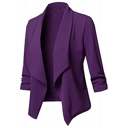 Produktbild: AACH Blazer Damen Elegant Jackett Langarm Einfarbig Arbeitsanzug Sitzend Gesmoktes Trenchcoat Offene Vorderseite Anzugjacke Reverskragen Klassische Kurzblazer Keine Knöpfe Blazerjacke