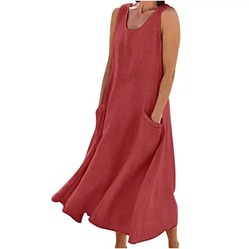 Produktbild: AACH Damen Leinenkleid Sommer Kleid Baumwolle Leinen Freizeitkleid Knielang Strandkleid U-Ausschnitt Sommerkleid Ärmelloses Boho Leinenkleider Einfarbig Strandkleider mit Taschen Kleider