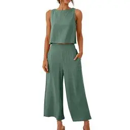 Produktbild: AACH Damen Zweiteilige Outfits Leinen Freizeitanzug Sommer Tank Top und Hose 2 Teiler Hosenanzug Casual Einfarbig Jogginganzug Elegant Leicht Loungewear mit Taschen Strand Leinenanzug