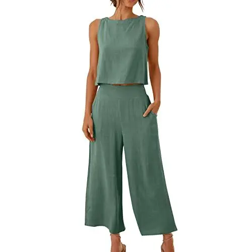Produktbild: AACH Damen Zweiteilige Outfits Leinen Freizeitanzug Sommer Tank Top und Hose 2 Teiler Hosenanzug Casual Einfarbig Jogginganzug Elegant Leicht Loungewear mit Taschen Strand Leinenanzug
