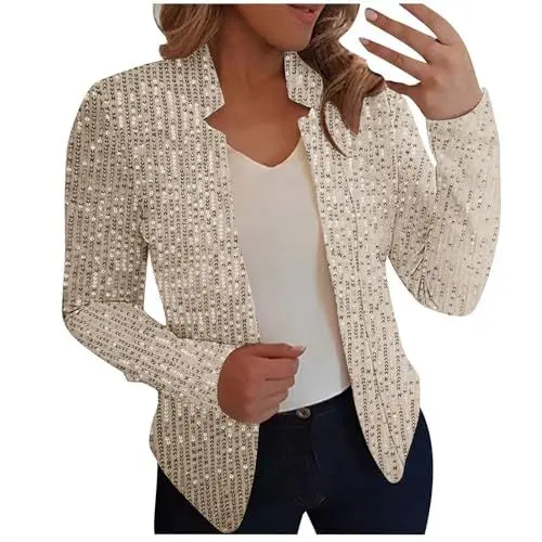 Produktbild: AACH Kurzer Blazer Damen Langarm Jackett Pailletten Festliche Kurzblazer Elegant Schmaler Blazerjacke Offene Vorderseite Übergangsjacke Party Einfarbig Stoffblazer Freizeit Schmaler Jackett