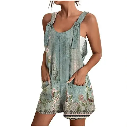 Produktbild: AACH Kurzer Jumpsuit Damen Sommer Ärmellos Playsuit Kurz Latzhose Overall Casual V-Ausschnitt Hosenanzug Einteiler Latzhose mit Taschen Sommerhose Shorts Arbeitshose Strampler Shorts