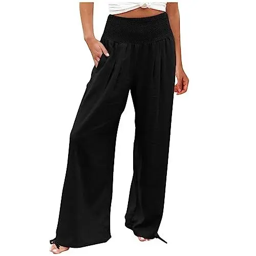 Produktbild: AACH Leinenhose für Damen Sommer mit hoher Taille Hosen Leichte Weite Hose Casual Stoffhose Bequem Einfarbig Sommerhose Strand lockere Lange Hose Leinen Boho lässig Freizeithose