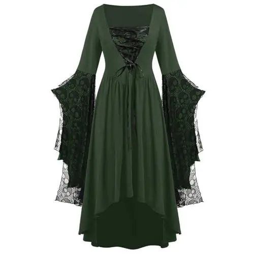 Produktbild: AACH Renaissance Kostüm Frauen Mittelalterliches Kleid mit Trompetenärmel Gotisch Maxikleid Karneval Halloween Party Lange Festkleid Langarm Elegante Abendkleid Flare Ärmel Partykleid