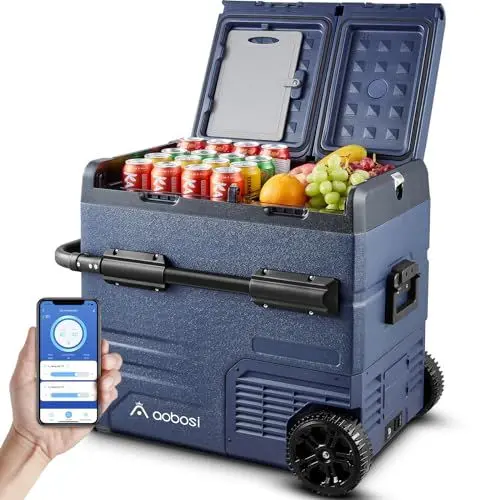 Produktbild: AAOBOSI Kompressor Kühlbox, Auto Kühlbox Mit USB-Anschluss, 55L Zwei Zonen und Doppeltüren, Elektrische Kühlbox bis -20 °C für Auto, Lkw, Boot, Reisemobil,Camping