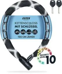 Produktbild: AARON Cobra Fahrradschloss mit Schlüssel, 105cm Kettenschloss aus Stahl und hoher Sicherheitsstufe, Schloss für E-Bike, Mountainbike, Trekkingrad, Tourenrad, Rennrad in schwarz