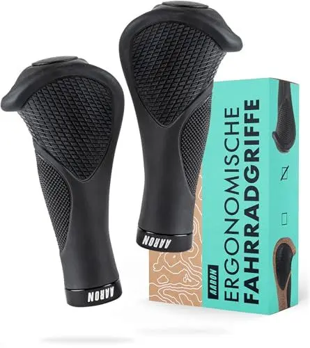 Produktbild: AARON Ergonomic Fahrradgriffe mit Gel Dämpfung, Ergonomische Lenkergriffe aus rutschfestem Gummi, Handgriffe geeignet für E-Bike, Trekkingrad, Mountainbike, Cityrad und Tourenrad in schwarz