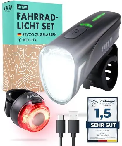 Produktbild: AARON LED Fahrradlicht Set 100 LUX für Stadtpendler & E-Bike-Fahrer, StVZO zugelassen, USB aufladbar, Fahrrad Licht Set regenfest - Fahrradbeleuchtung - Beleuchtung Fahrrad für vorne + hinten