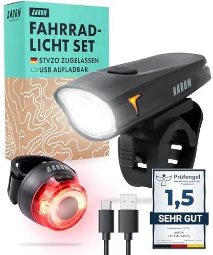 Produktbild: AARON LED Fahrradlicht USB aufladbar Set (6,5h Leuchtdauer), StVZO Zulassung - Akku Fahrrad Licht Set regenfest - Fahrradbeleuchtung - Beleuchtung Fahrrad für vorne + hinten, Schwarz