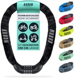 Produktbild: AARON Lock One Fahrradschloss mit 5-stelligem Zahlencode, Kettenschloss aus Stahl und hoher Sicherheitsstufe, Schloss für für E-Bike, Mountainbike, Trekkingrad, Tourenrad, Rennrad in schwarz