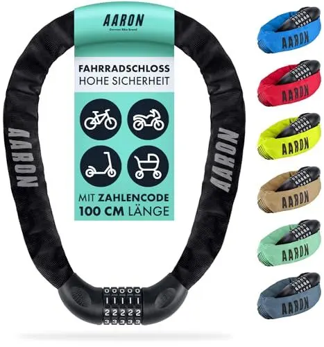 Produktbild: AARON Lock One Fahrradschloss mit 5-stelligem Zahlencode, Kettenschloss aus Stahl und hoher Sicherheitsstufe, Schloss für für E-Bike, Mountainbike, Trekkingrad, Tourenrad, Rennrad in schwarz
