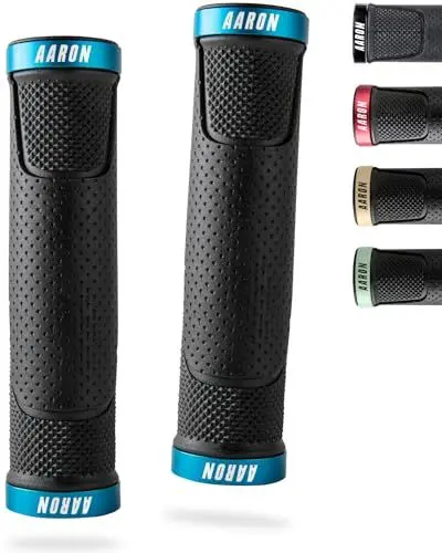 Produktbild: AARON MTB Fahrradgriffe, sportliche Lenkergriffe aus rutschfestem Gummi, Blaue Lock-On Gel Griffe mit Lenkerendkappen für Mountainbike, Trekkingrad, E-Bike, Crossbike, Fixie u.v.m., Blau