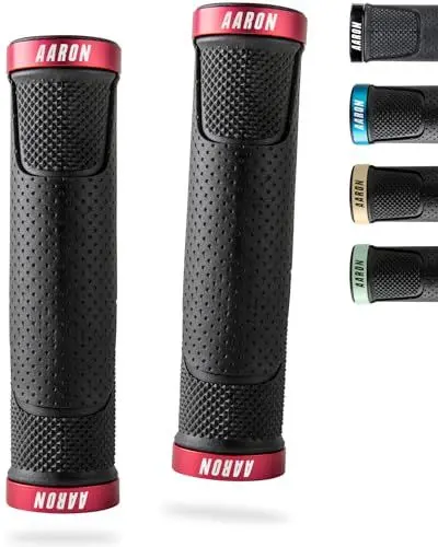 Produktbild: AARON MTB Fahrradgriffe, sportliche Lenkergriffe aus rutschfestem Gummi, Rote Lock-On Gel Griffe mit Lenkerendkappen für Mountainbike, Trekkingrad, E-Bike, Crossbike, Fixie u.v.m., Rot
