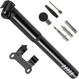 Produktbild: AARON Pocket One Mini Fahrradpumpe für alle Ventile - kompakte Luftpumpe passend für jeden Rahmen - Handpumpe für unterwegs mit gratis Pannenset - Rad Pumpe in schwarz/grau