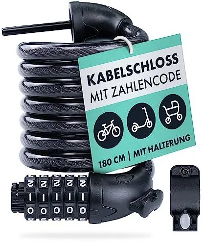 Produktbild: AARON Spin Fahrradschloss mit 5-stelligem Zahlencode - 180cm/12mm - Fahrrad Zahlenschloss mit hoher Sicherheit - Kabelschloss mit Halterung für E-Bike, Mountainbike, Trekkingrad - schwarz