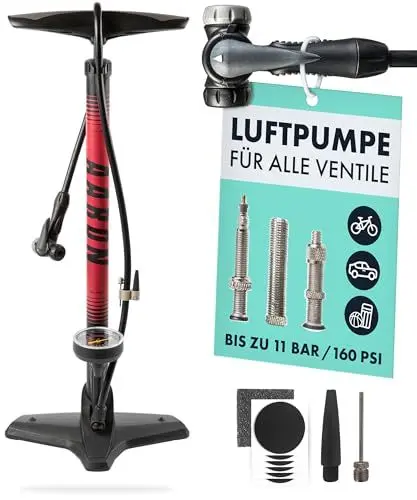 Produktbild: AARON Sport One Fahrrad Standpumpe mit Manometer für alle Ventile, Hochdruck Fahrradpumpe Rennrad, Luftpumpe, Pumpe mit Ball Aufsatz Rot