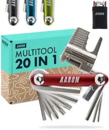 Produktbild: AARON Tool 20 in 1 Multitool - Fahrrad Multifunktionswerkzeug aus rostfreiem Stahl/Aluminium - faltbares Mini Fahrradwerkzeug mit vielen Funktionen - praktisches Bike Tool in Rot
