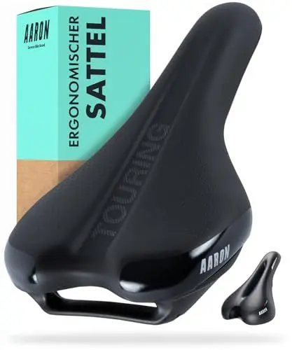 Produktbild: AARON Touring Fahrradsattel mit Air Schaum - ergonomischer Fahrradsitz für Damen und Herren - bequemer Sattel für E-Bike, Trekkingrad, Tourenbike und Mountainbike in schwarz