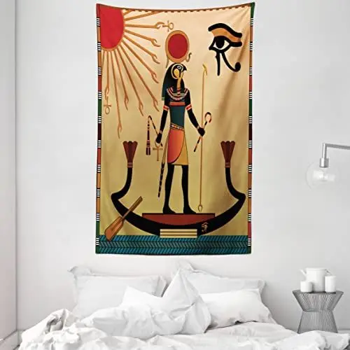 Produktbild: ABAKUHAUS Ägyptisch drucken Wandteppich, Sonne Alt Ägyptisch Zeitlose Anmut Antike Tradition Illustration, aus Weiches Mikrofaser Stoff Wand Dekoration Für Schlafzimmer, 140 x 230 cm, Kamel Rot