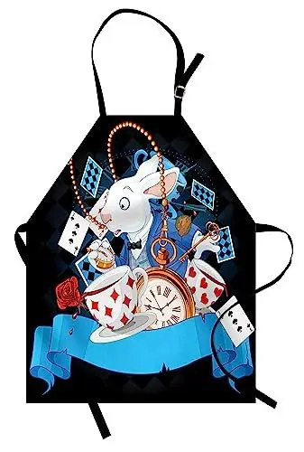 Produktbild: ABAKUHAUS Alice im Wunderland Kochschürze, Kaninchen Motion Cups Herzen Und Blume Charakter Alice Cartoon Stil, Höhenverstellbar Klare Farben ohne verblassen, Blau Schwarz