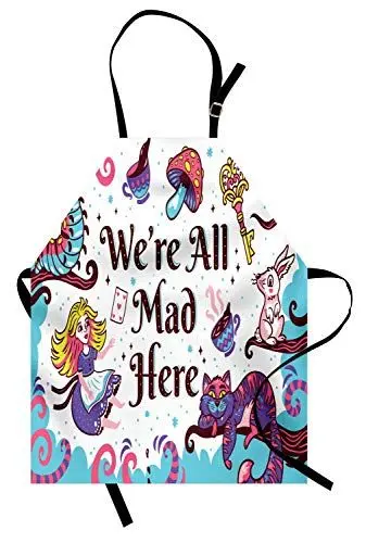 Produktbild: ABAKUHAUS Alice im Wunderland Kochschürze, Wir sind alle verrückt Hier Zitat mit Caterpillar White Rabbit Cheshire Cat, Farbfest Höhenverstellbar Waschbar Klarer Digitaldruck, Mehrfarbig