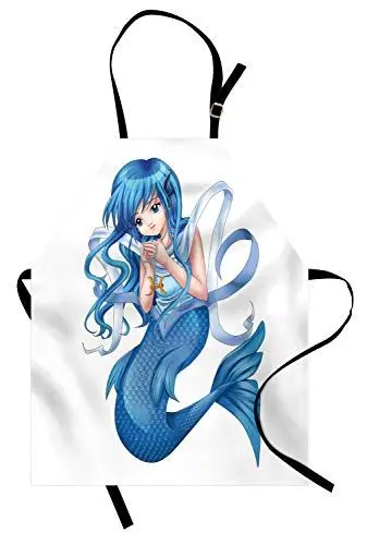 Produktbild: ABAKUHAUS Anime Kochschürze, Manga-Karikatur-Art-Charakter eines Fische Mädchen-Horoskop-Tierkreis-themenorientierten Avataras, Höhenverstellbar Maschienenwaschbar Kein verblassen, Weiß und Blau