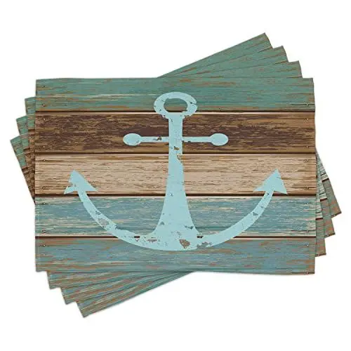 Produktbild: ABAKUHAUS Anker Platzmatten, Timeworn Marinesymbol auf verwitterten hölzernen Planken rustikales Seethema, Waschbare Stoff Esszimmer Küche Tischdekorations Digitaldruck, Braun Meeresschaum