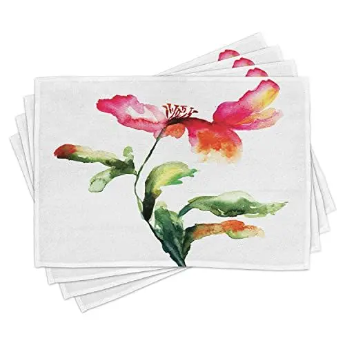 Produktbild: ABAKUHAUS Aquarell Blume Platzmatten, Schattierte einzelne Mohnblumen-blühende Pflanze Muse-Natur-Erde-göttliche Anmut, Tiscjdeco aus Farbfesten Stoff für das Esszimmer und Küch, Weiß Grün Rot