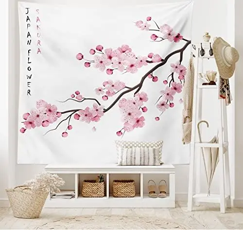 Produktbild: ABAKUHAUS Asiatisch Wandteppich, Japanischer Kirschzweig aus Weiches Mikrofaser Stoff Waschbar ohne Verblassen Digitaldruck, 150 x 110 cm, Weiß Rosa