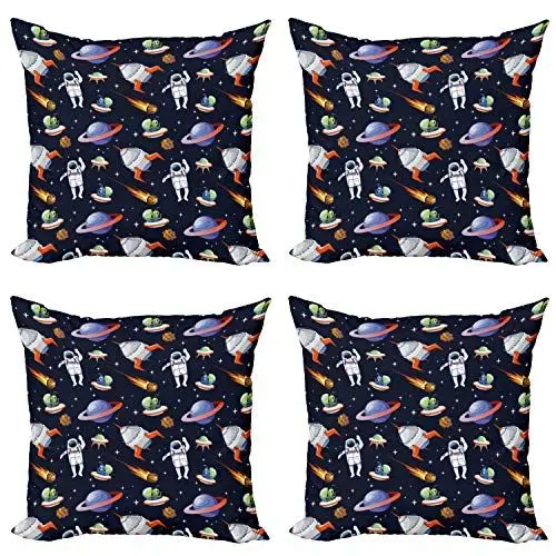 Produktbild: ABAKUHAUS Außerirdischer Kissenbezug Set (4 Stück), Galaxy Asteroid UFO Astronaut, moderner doppelseitiger Digitaldruck, 50 cm, Mehrfarbig