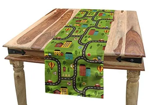 Produktbild: ABAKUHAUS Autorennbahn Tischläufer, Cartoon Straße, Esszimmer Küche Rechteckiger Dekorativer Tischläufer, 40 x 180 cm, Mehrfarbig