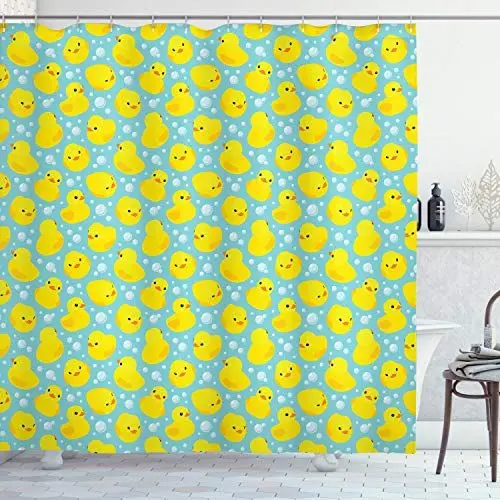 Produktbild: ABAKUHAUS Badeente Duschvorhang, Bubbles Ducks, Stoffliches Gewebe Badezimmerdekorationsset mit Haken, 175 x 200 cm, Türkis Gelb Orange