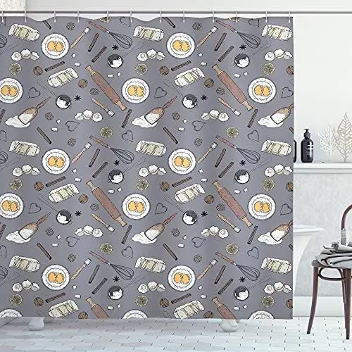 Produktbild: ABAKUHAUS Bäckerei Duschvorhang, Verschiedene Backzutaten, Stoffliches Gewebe Badezimmerdekorationsset mit Haken, 175 x 220 cm, Purpleblue Mehrfarbig