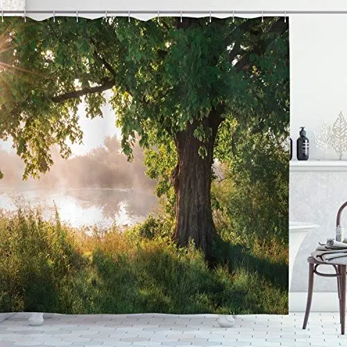 Produktbild: ABAKUHAUS Baum Duschvorhang, Stream Mystic Foggy Szene, Stoffliches Gewebe Badezimmerdekorationsset mit Haken, 175 x 200 cm, Braun Grün Sand
