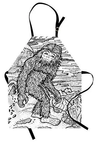 Produktbild: ABAKUHAUS Bigfoot Kochschürze, Fabelwesen-Schneemann-Figur auf den Hügeln, die Abdrücke hinter ihm Lassen, Farbfest Höhenverstellbar Waschbar Klarer Digitaldruck, Weiß und Schwarz