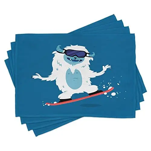 Produktbild: ABAKUHAUS Bigfoot Platzmatten, Yeti Monster Illustration beim Snowboarden im Winter Thema Fantasy Monster Print, Tiscjdeco aus Farbfesten Stoff für das Esszimmer und Küch, Mehrfarbig
