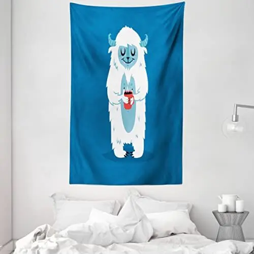 Produktbild: ABAKUHAUS Bigfoot Wandteppich, Yeti Monster hält eine Tasse Kaffee im kalten Winter Grafik Bild, aus Weiches Mikrofaser Stoff Wand Dekoration Für Schlafzimmer, 140 x 230 cm, Kobaltblau Blassblau