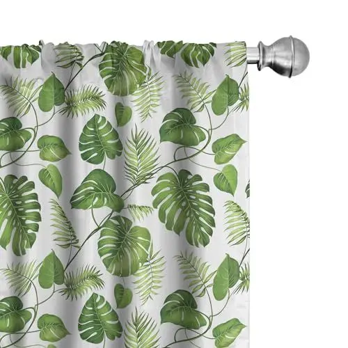 Produktbild: ABAKUHAUS Blätter Vorhänge 2er-Pack, Monstera und Farn Laub Komposition mit Reben Hawaii Tropical Sommer Natur, Vorhang für Wohnzimmer Schlafzimmer, 4 Stück 150 cm x 175 cm, Grün Hellgrün Weiß