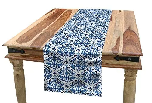 Produktbild: ABAKUHAUS Blau Tischläufer, Indigo-viktorianischer Entwurf, Esszimmer Küche Rechteckiger Dekorativer Tischläufer, 40 x 180 cm, Benzinblau Türkis und Weiß