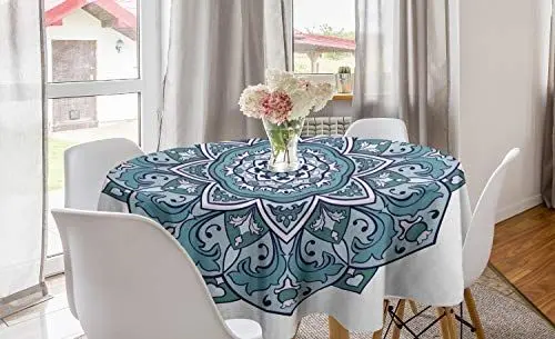 Produktbild: ABAKUHAUS Blauer Mandala Runde Tischdecke, Curly Osten Blume, Kreis Tischdecke Abdeckung für Esszimmer Küche Dekoration, 150 cm, Jade Grün Dunkel Teal