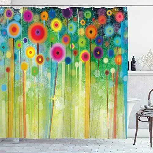 Produktbild: ABAKUHAUS Blumen Duschvorhang, Abstrakte Kunst Löwenzahn, Stoffliches Gewebe Badezimmerdekorationsset mit Haken, 175 x 180 cm, Grün Magenta