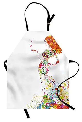 Produktbild: ABAKUHAUS Blumen Kochschürze, Sommer-Dame Silhouette in Blüten wirbelt inspirierende lebendige Töne Feminine Design, Höhenverstellbar Klare Farben ohne verblassen, Grau Pink Meeresgrün