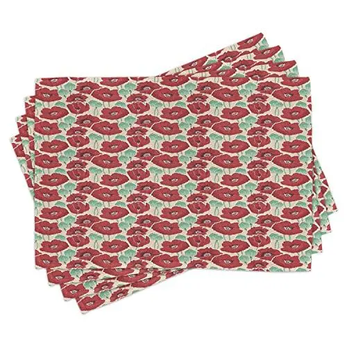 Produktbild: ABAKUHAUS Blumen Platzmatten, Aquarell-Effekt-Mohnblumen-Blumen und Samen-Kapsel-Illustration, Tiscjdeco aus Farbfesten Stoff für das Esszimmer und Küch, Mandelgrün Zinnoberrot Beige
