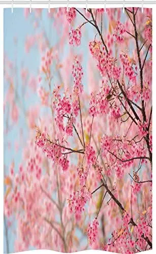 Produktbild: ABAKUHAUS Blumen Schmaler Duschvorhang, Japanische Sakura Kirsche, Badezimmer Deko Set aus Stoff mit Haken, 120 x 180 cm, Pale Pink Baby Blue