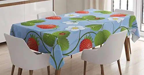 Produktbild: ABAKUHAUS Blumen Tischdecke, Strawberry Daisy Retro, Inn und Outdoor Bereich geeignet Waschbar Druck Klare Farben Kein Verblassen, 140 x 200 cm, Grün Blau