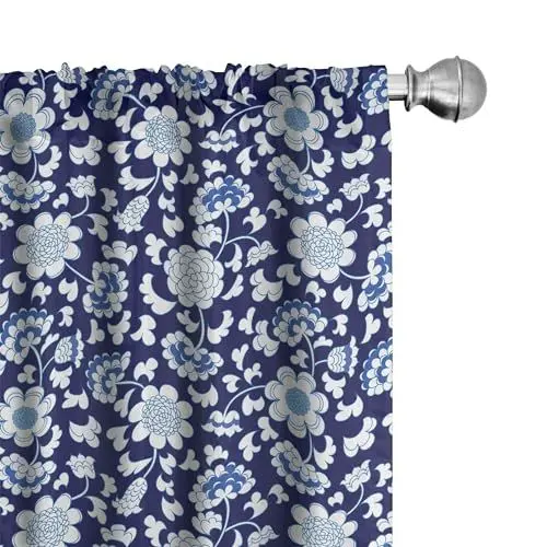 Produktbild: ABAKUHAUS Blumen Vorhänge, Gardinen, Chinesisches Porzellan-Motiv, Fensterbehandlungen für Wohnzimmer Schlafzimmer Dekor, 2 Stück 75 cm b x 245 cm h, Cobalt Blue Night Blue