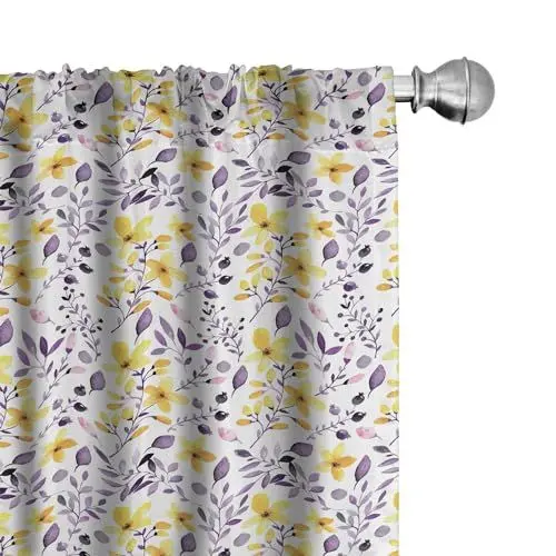 Produktbild: ABAKUHAUS Blumen Vorhänge, Gardinen, Laub von Gartenpflanzen, Fensterbehandlungen für Wohnzimmer Schlafzimmer Dekor, 2 Stück 75 cm b x 245 cm h, Marigold Violet