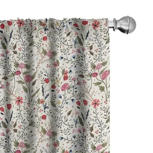 Produktbild: ABAKUHAUS Blumen Vorhänge, Gardinen, Vögel Rosen-Tupfen, Fensterbehandlungen für Wohnzimmer Schlafzimmer Dekor, 2 Stück 75 cm b x 245 cm h, Beige Grün