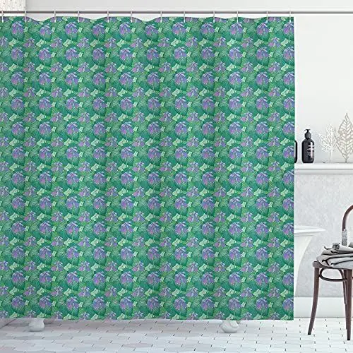 Produktbild: ABAKUHAUS Botanisch Duschvorhang, Blühende Pflanzen Hosta, Stoffliches Gewebe Badezimmerdekorationsset mit Haken, 175 x 200 cm, Jadegrün Blau Violett